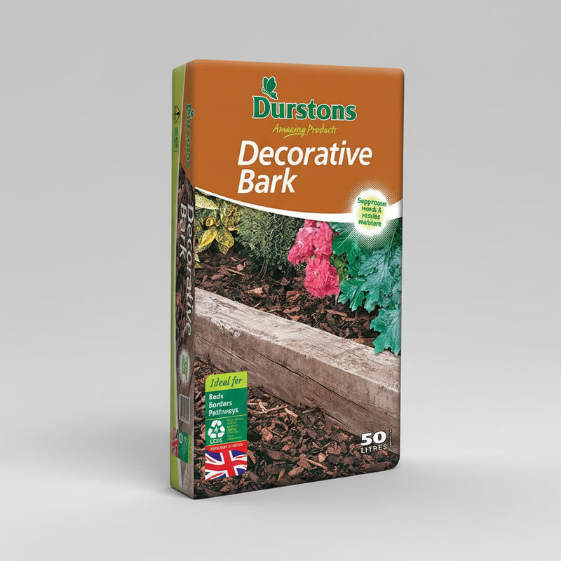 Packaging of Durstons decorative bark with garden scene on a white background